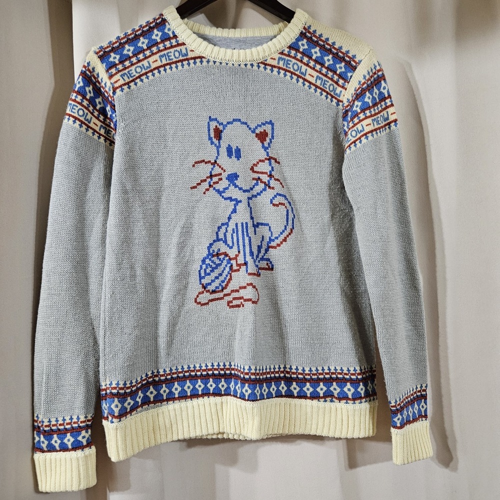 Toddland Meow Meow Cat Feline Acrylic‎ Wool Size Small Graphic Knit Sweater Gray